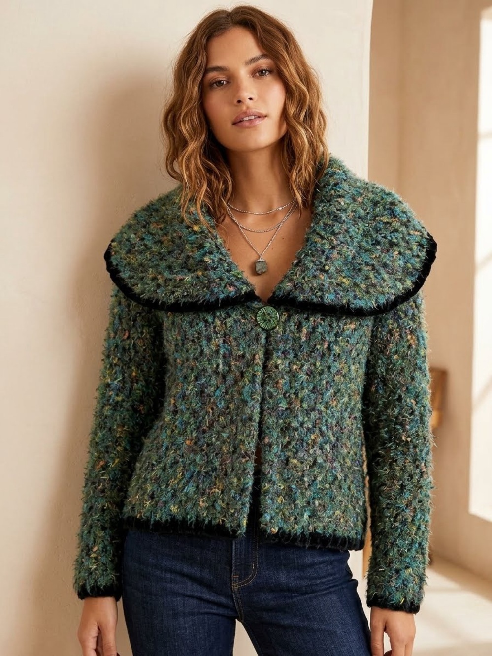 mercer & madison Teal Bouclé Shawl-Collar Cardigan with Multi-Color Flecks